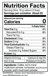 Nutrition facts label for Mushroom Coffee with Functional Benefits, displaying calories and ingredients information.
